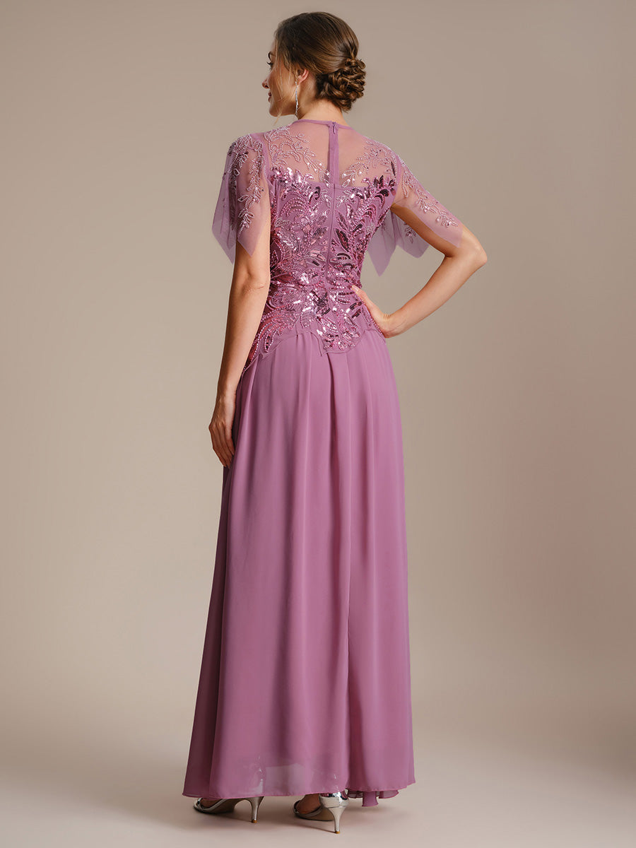 Color=Orchid | Volume Discounts Short Sleeve Ruffle Sequin Round Neck A-Line Floor Length Evening Dresses-Orchid 2