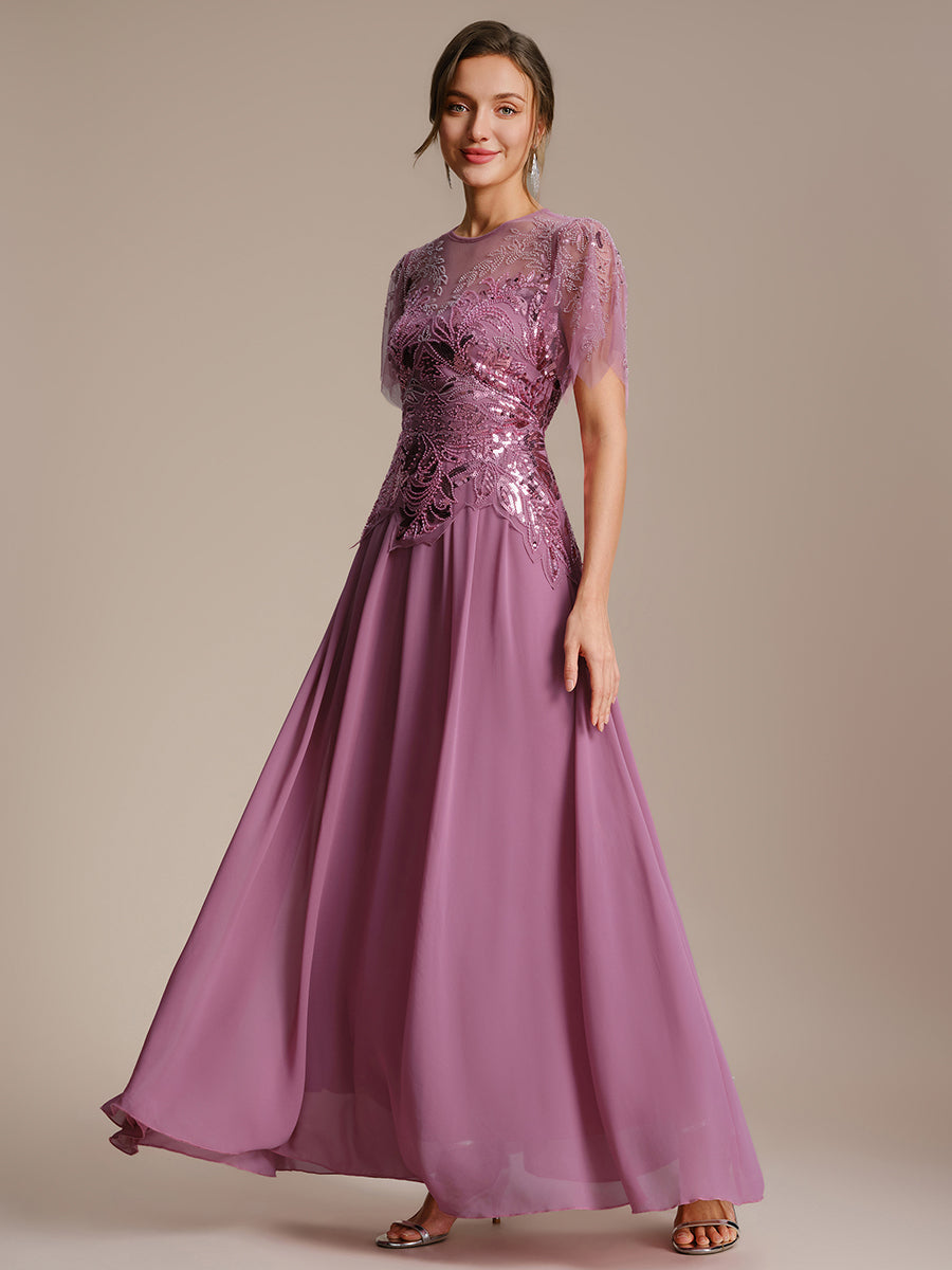 Color=Orchid | Volume Discounts Short Sleeve Ruffle Sequin Round Neck A-Line Floor Length Evening Dresses-Orchid 3