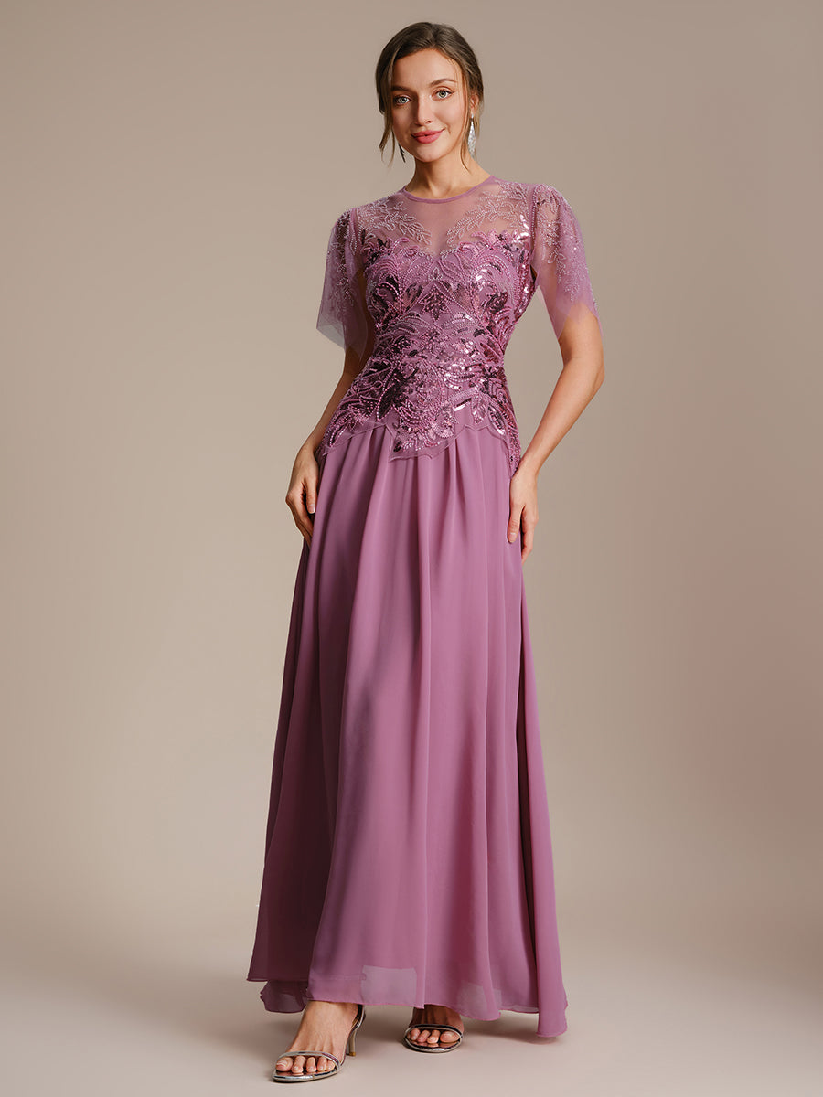 Color=Orchid | Volume Discounts Short Sleeve Ruffle Sequin Round Neck A-Line Floor Length Evening Dresses-Orchid 4