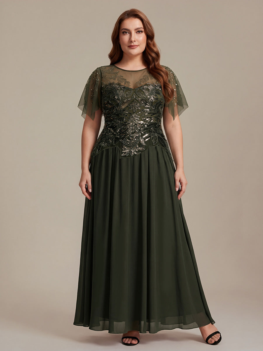 Color=Olive Green | Factory Design Short Sleeve Ruffle Sequin Beaded A-Line Floor Length Evening Dresses-Olive Green 26