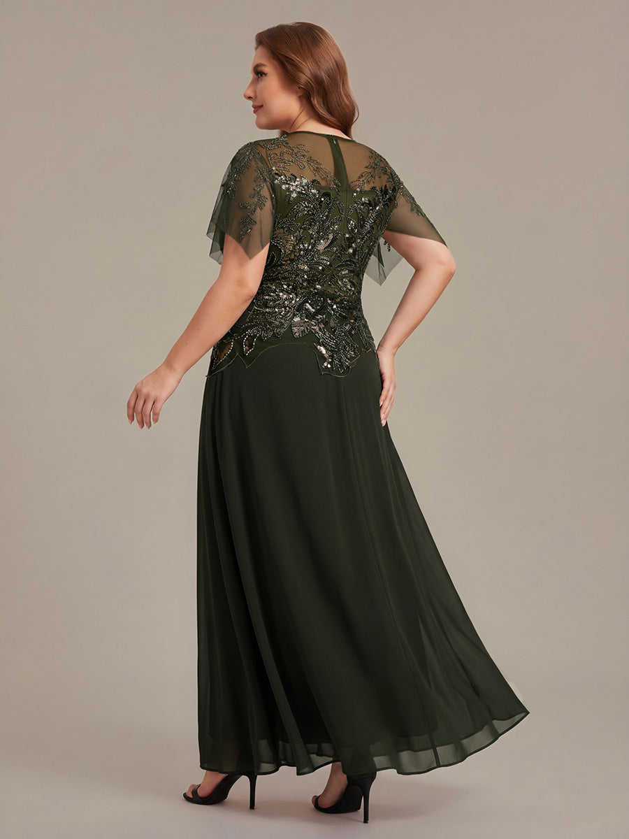 Color=Olive Green | Factory Design Short Sleeve Ruffle Sequin Beaded A-Line Floor Length Evening Dresses-Olive Green 27
