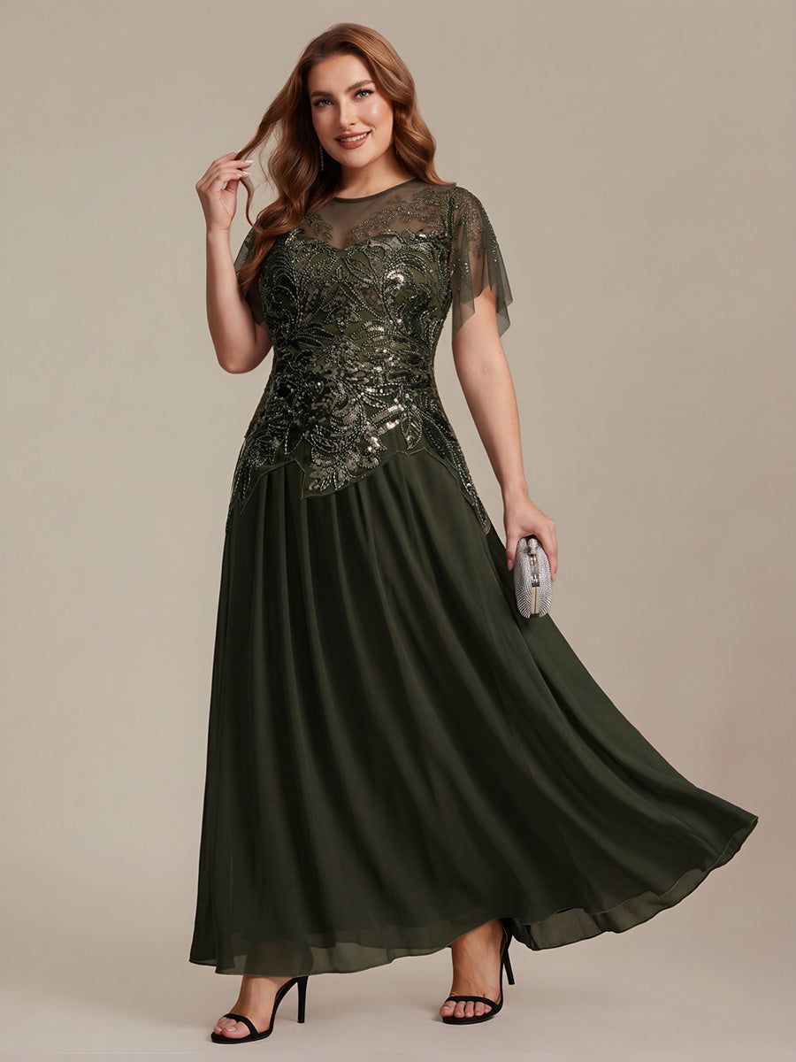 Color=Olive Green | Factory Design Short Sleeve Ruffle Sequin Beaded A-Line Floor Length Evening Dresses-Olive Green 30