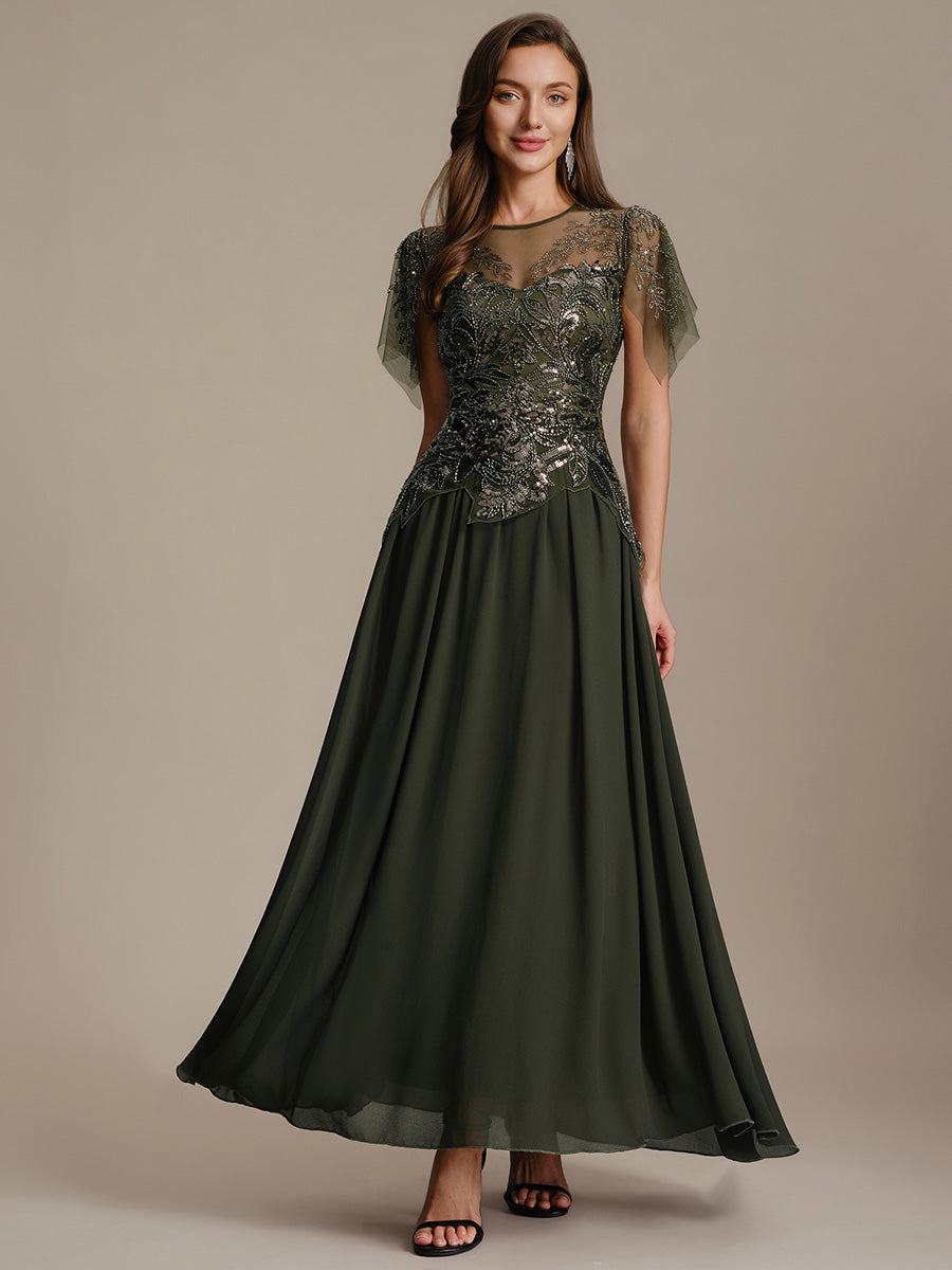 Color=Olive Green | Factory Design Short Sleeve Ruffle Sequin Beaded A-Line Floor Length Evening Dresses-Olive Green 21