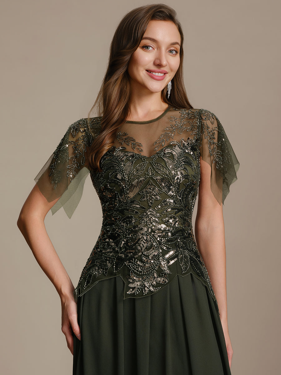 Color=Olive Green | Factory Design Short Sleeve Ruffle Sequin Beaded A-Line Floor Length Evening Dresses-Olive Green 23