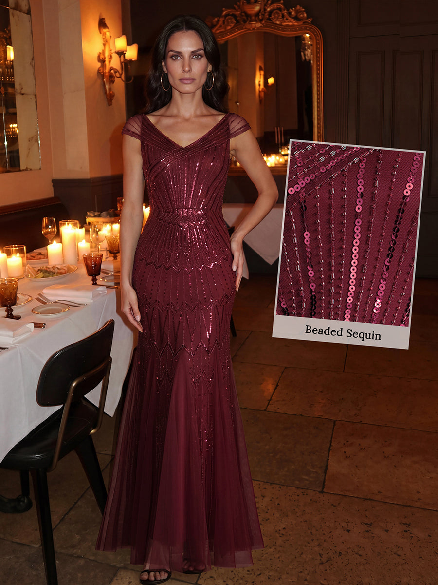 Color=Burgundy | One Stop Shop Short Sleeves Off Shoulder Fishtail Embroidered Evening Dresses-Burgundy 9