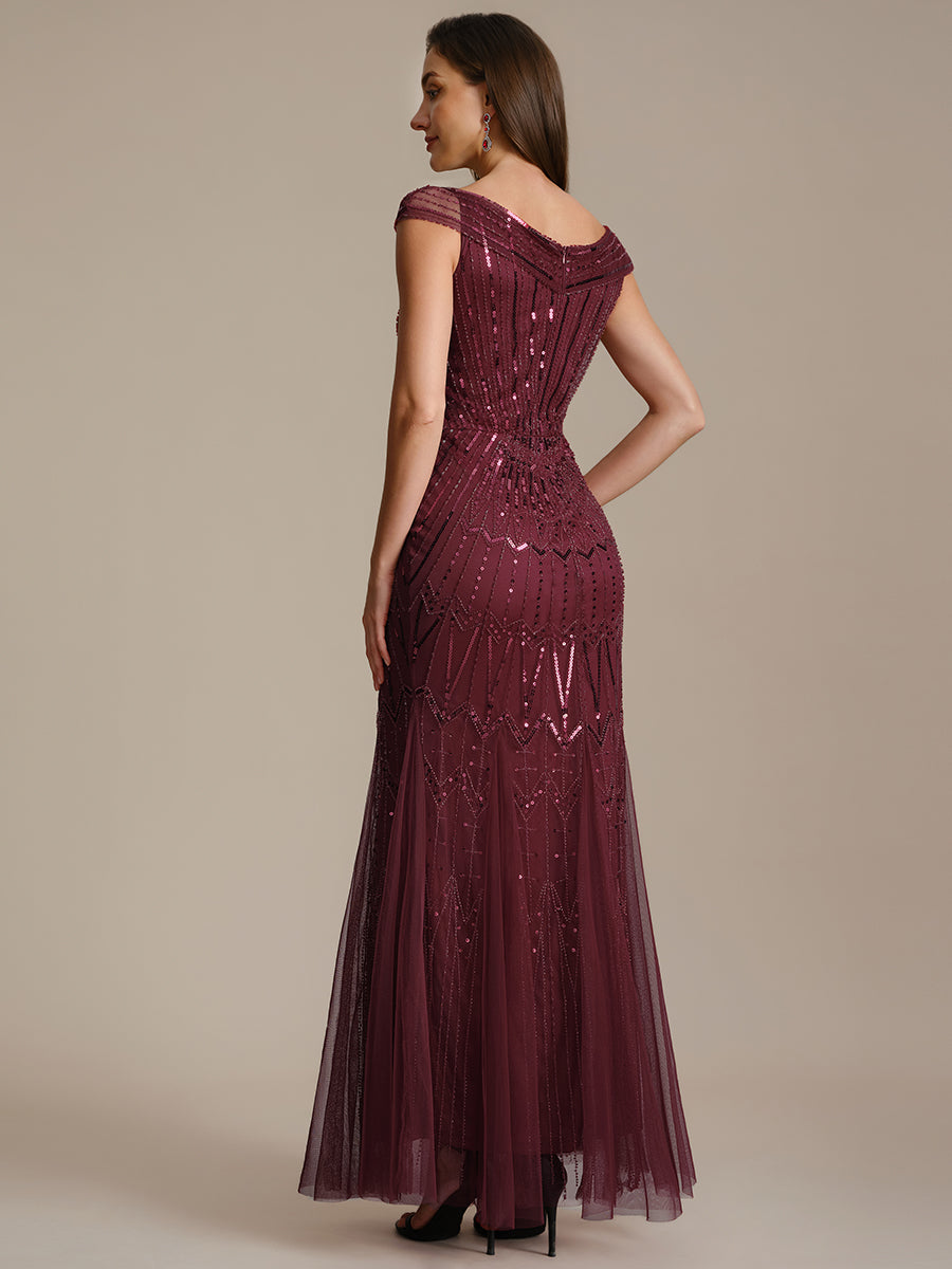 Color=Burgundy | One Stop Shop Short Sleeves Off Shoulder Fishtail Embroidered Evening Dresses-Burgundy 2