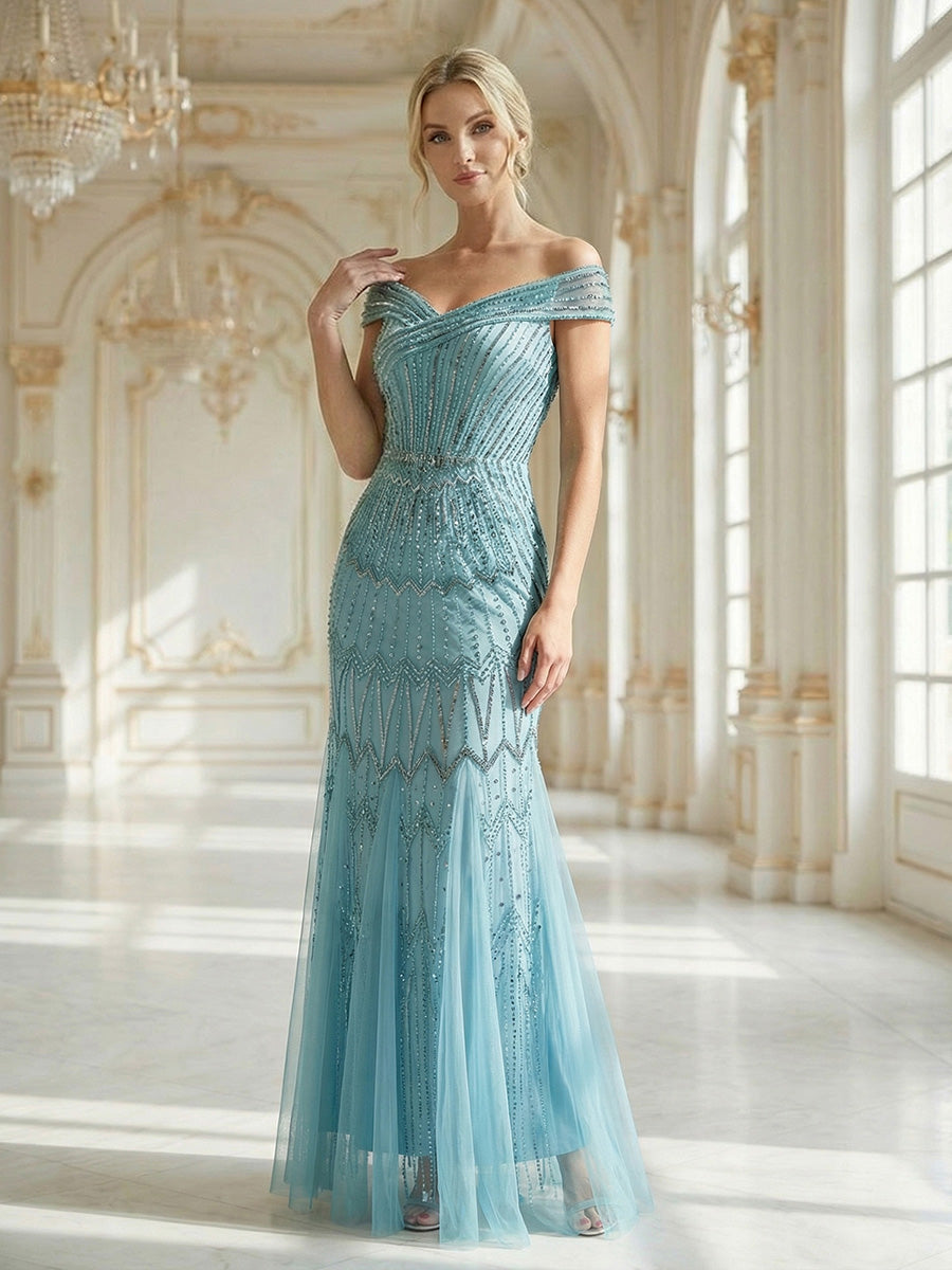Color=Blue | One Stop Shop Short Sleeves Off Shoulder Fishtail Embroidered Evening Dresses-Blue 7