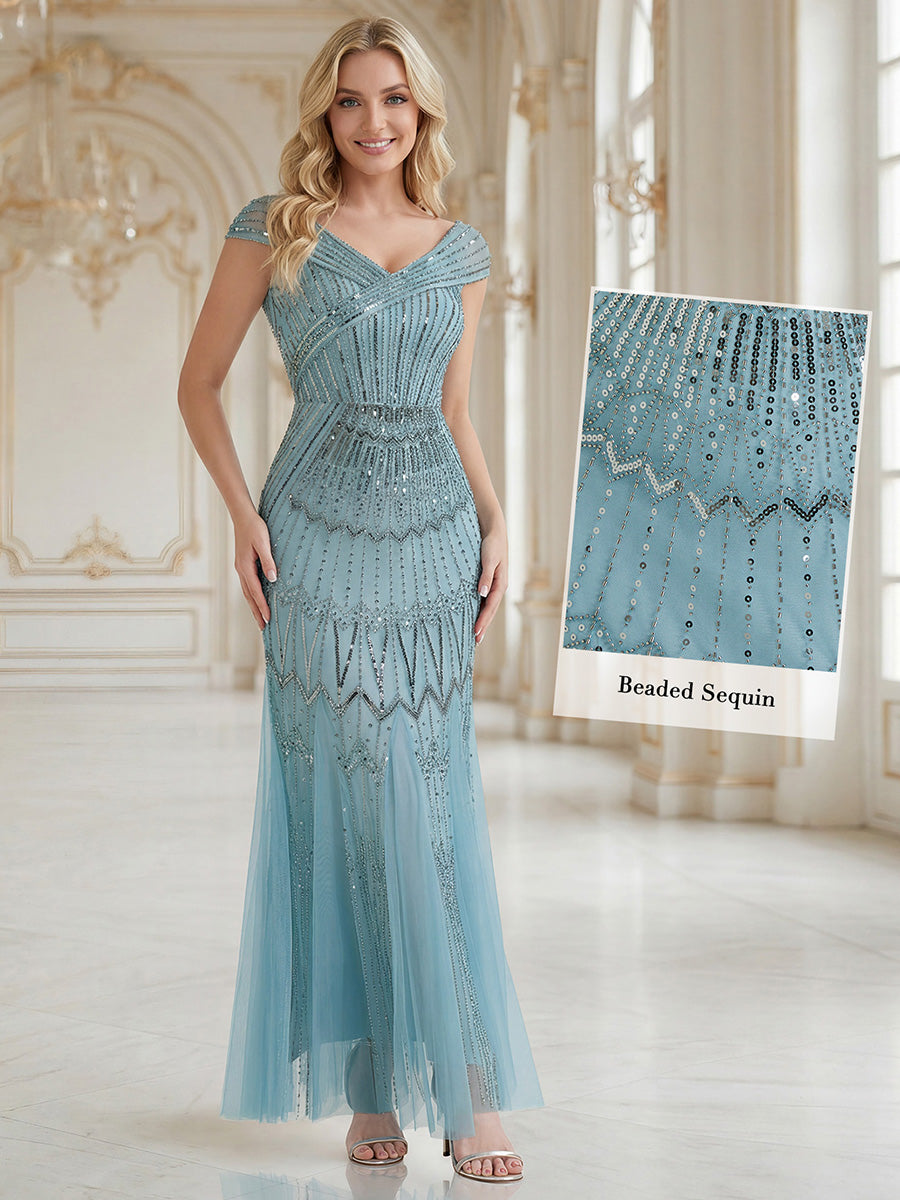 Color=Blue | One Stop Shop Short Sleeves Off Shoulder Fishtail Embroidered Evening Dresses-Blue 14