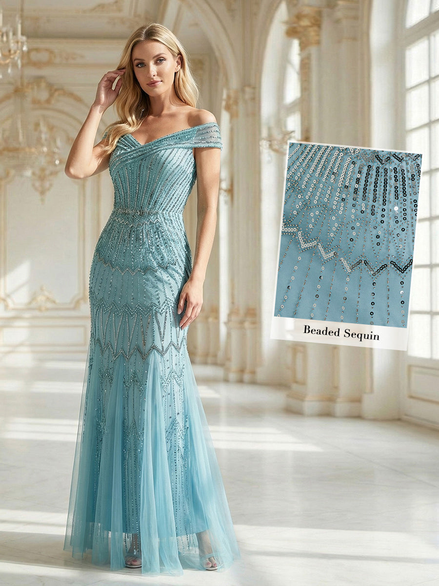 Color=Blue | One Stop Shop Short Sleeves Off Shoulder Fishtail Embroidered Evening Dresses-Blue 6