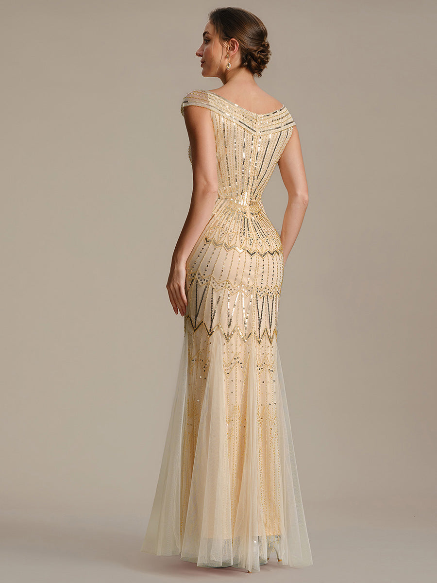 Color=Gold | One Stop Shop Short Sleeves Off Shoulder Fishtail Embroidered Evening Dresses-Gold 2