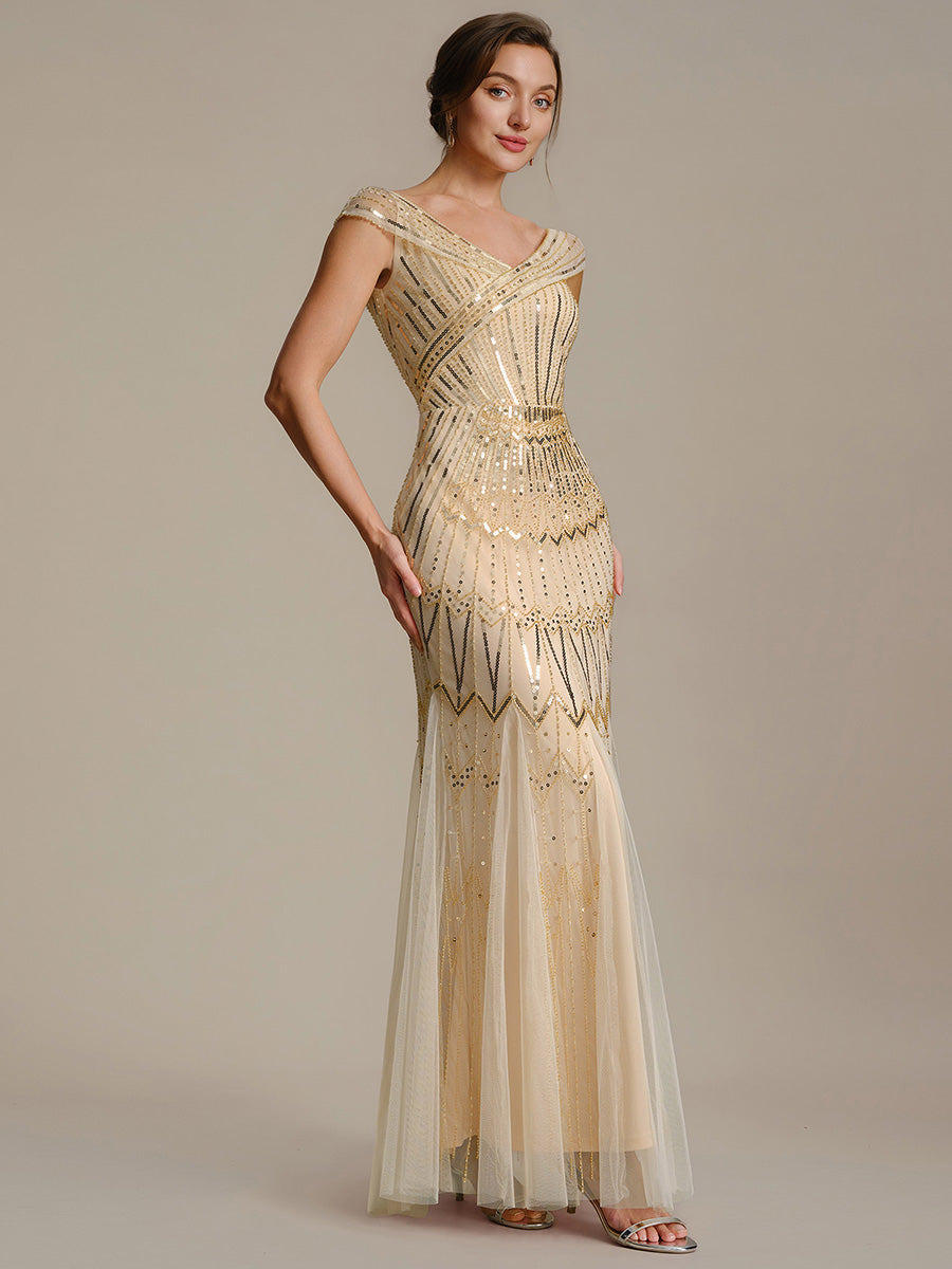 Color=Gold | One Stop Shop Short Sleeves Off Shoulder Fishtail Embroidered Evening Dresses-Gold 3