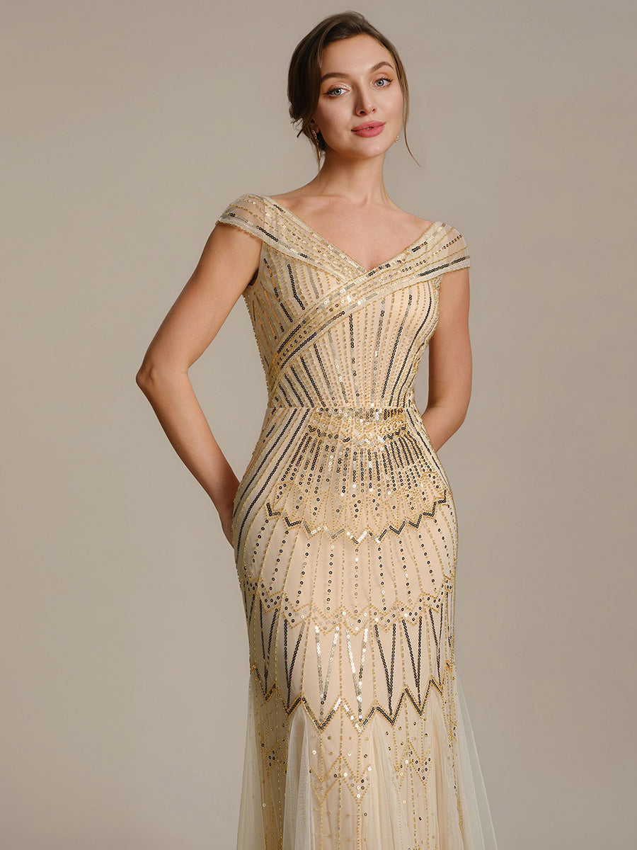 Color=Gold | One Stop Shop Short Sleeves Off Shoulder Fishtail Embroidered Evening Dresses-Gold 5
