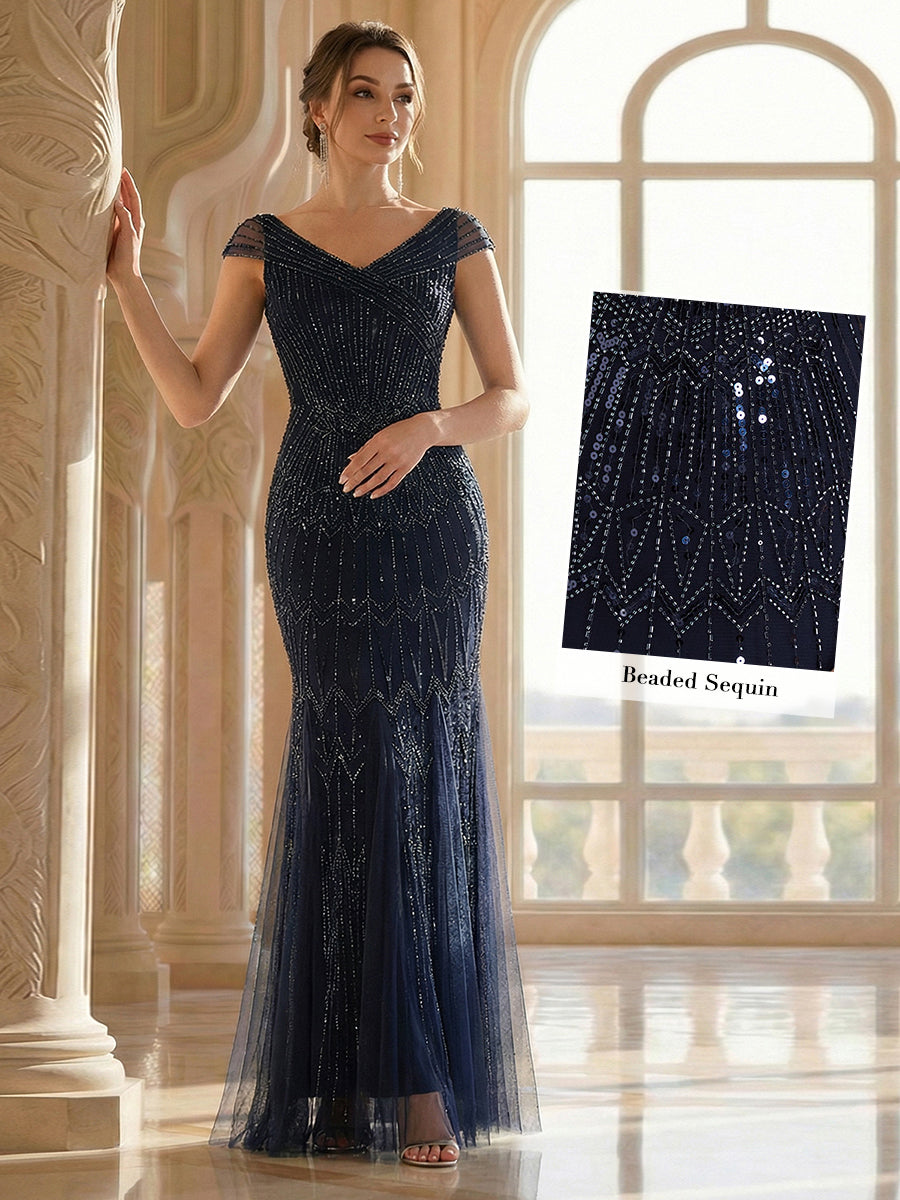 Color=Navy Blue | One Stop Shop Short Sleeves Off Shoulder Fishtail Embroidered Evening Dresses-Navy Blue 10
