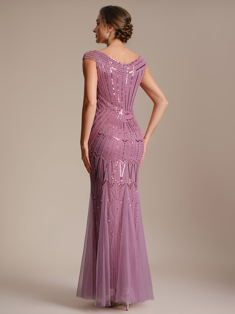 Color=Orchid | One Stop Shop Short Sleeves Off Shoulder Fishtail Embroidered Evening Dresses-Orchid 2