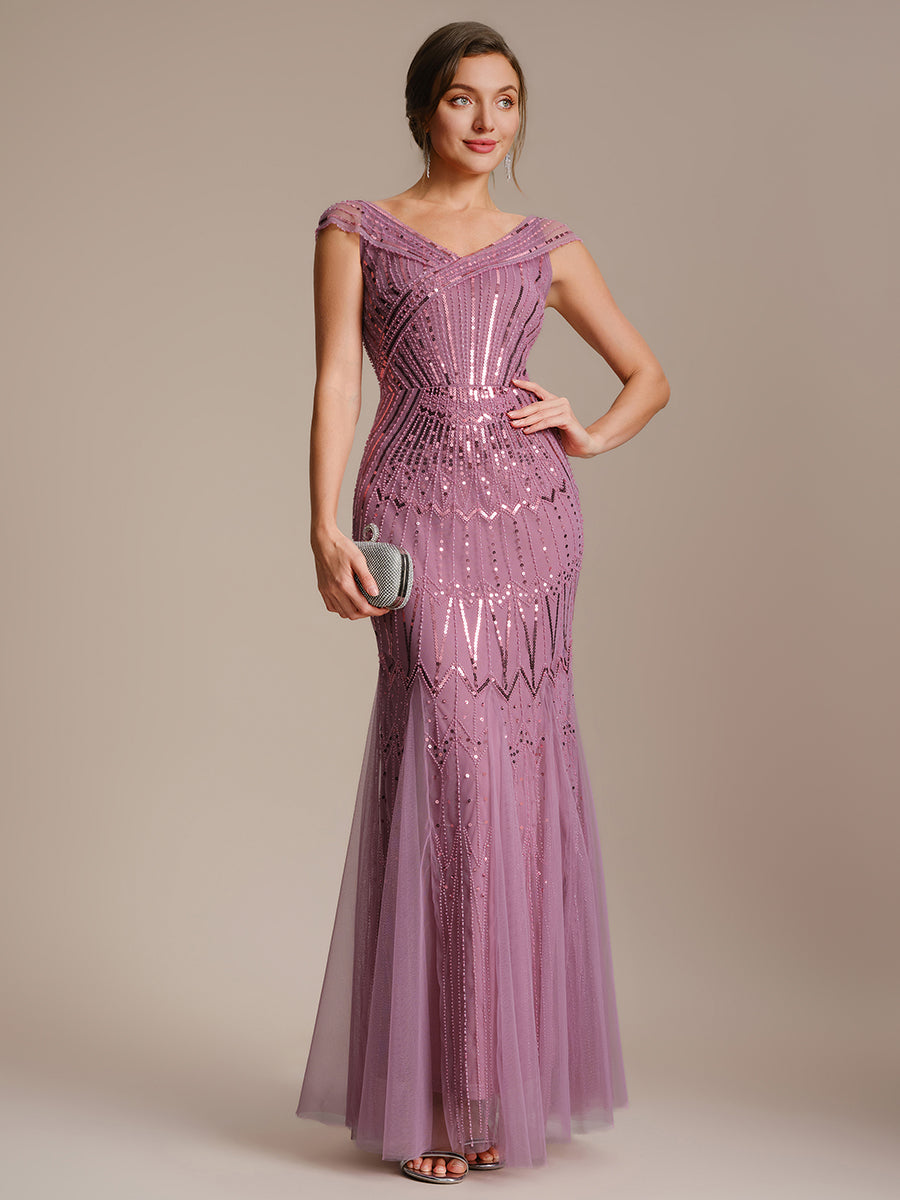 Color=Orchid | One Stop Shop Short Sleeves Off Shoulder Fishtail Embroidered Evening Dresses-Orchid 4