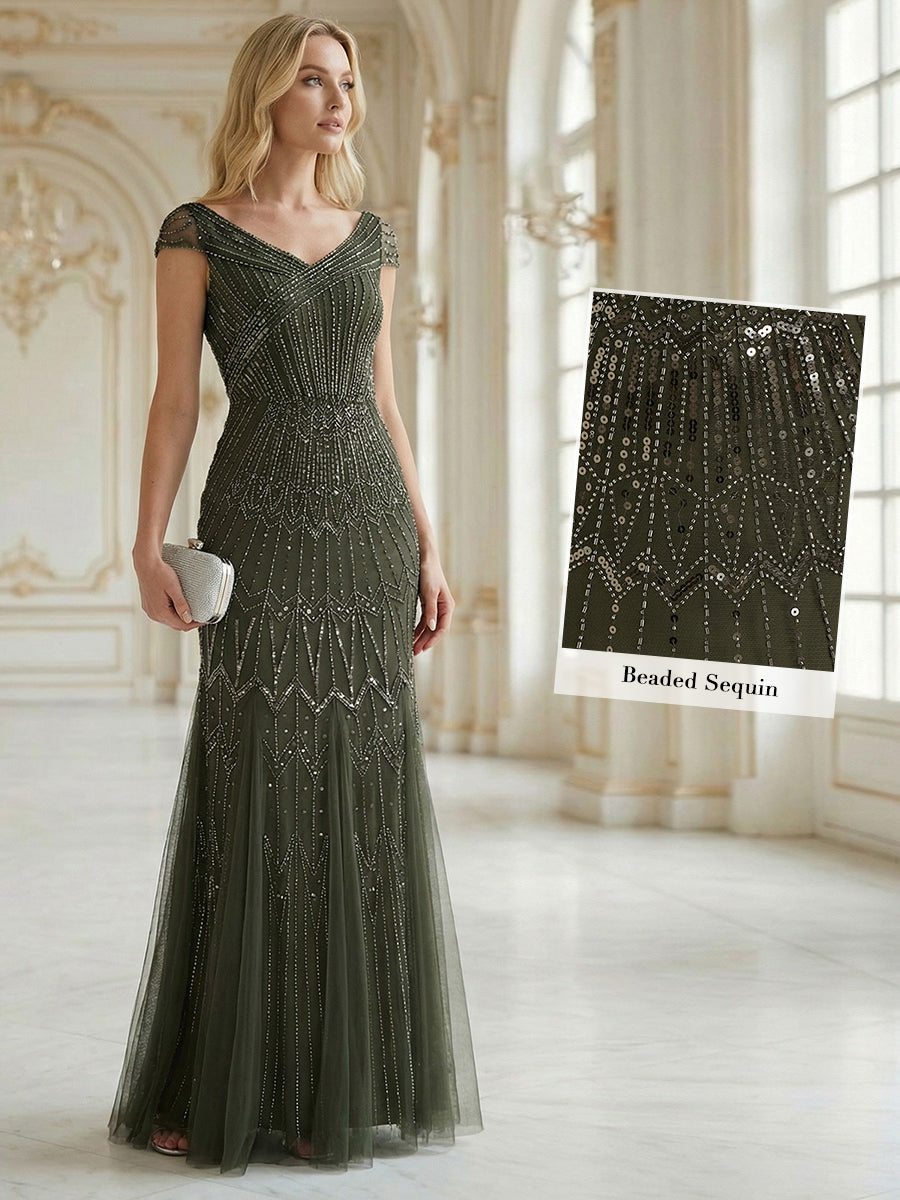 Color=Olive Green | One Stop Shop Short Sleeves Off Shoulder Fishtail Embroidered Evening Dresses-Olive Green 10