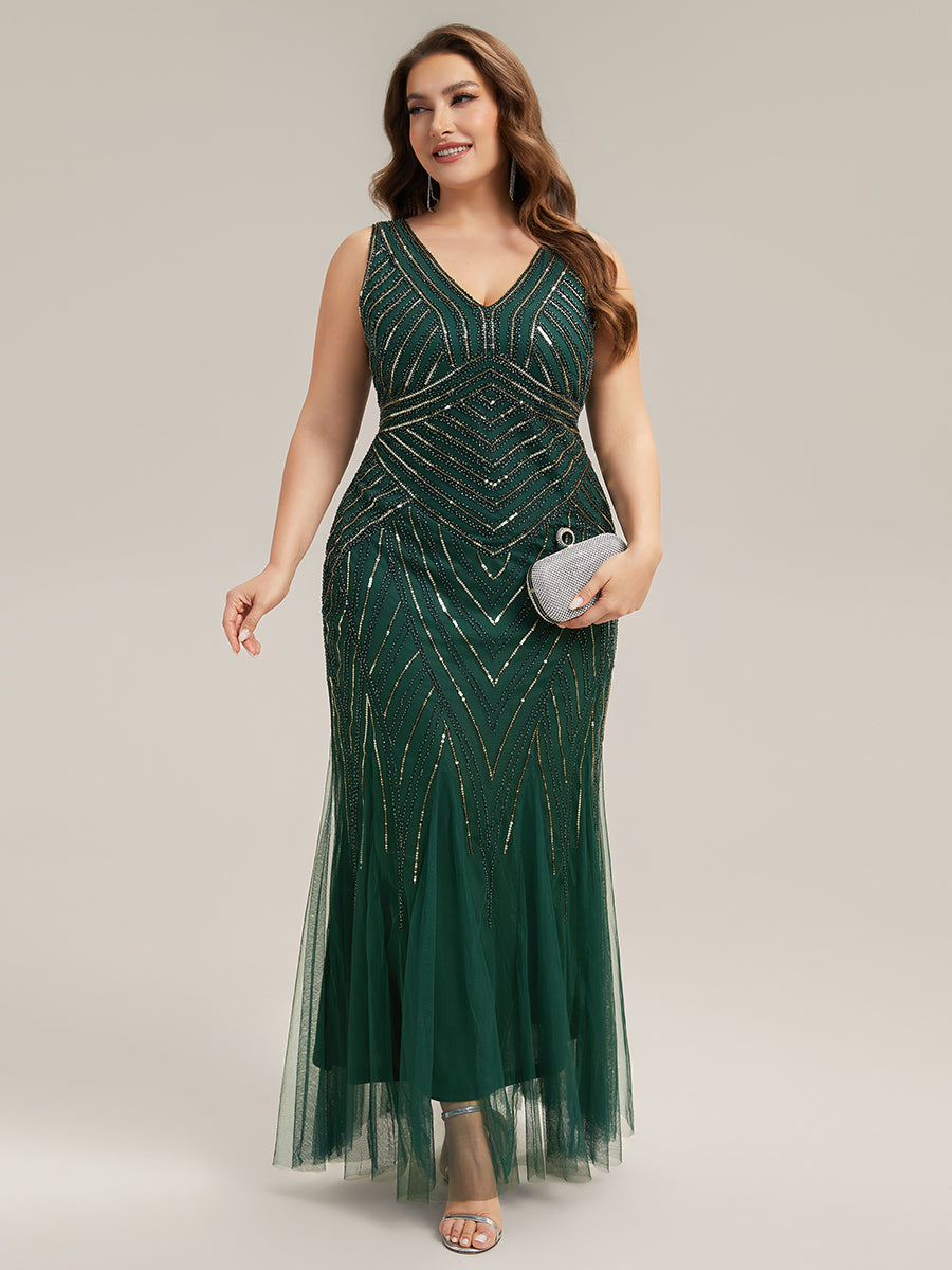 Color=Dark Green | Commercial Wholesale Sleeveless High Stretch Fishtail Beaded V-Neck Evening Dresses-Dark Green 6
