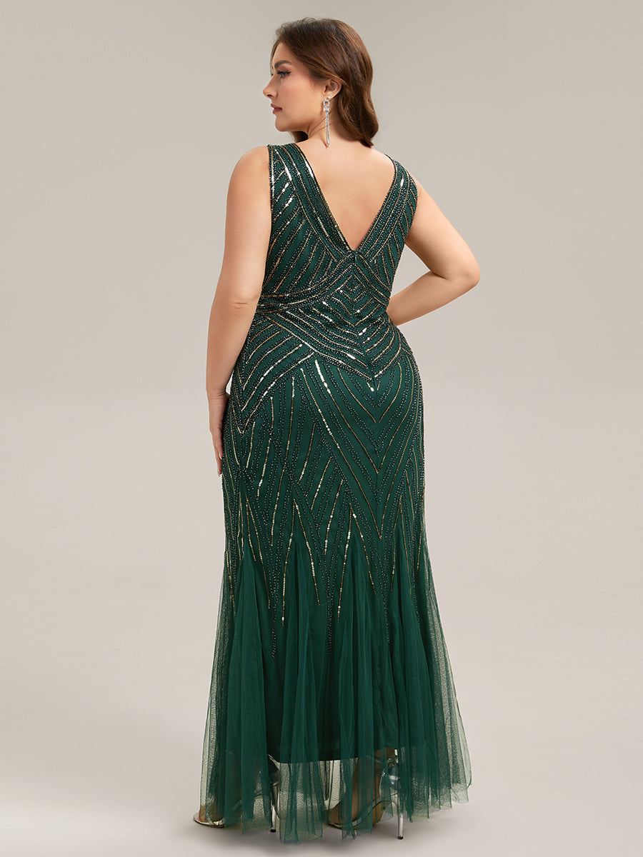 Color=Dark Green | Commercial Wholesale Sleeveless High Stretch Fishtail Beaded V-Neck Evening Dresses-Dark Green 7