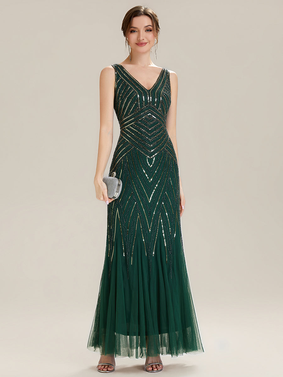 Color=Dark Green | Commercial Wholesale Sleeveless High Stretch Fishtail Beaded V-Neck Evening Dresses-Dark Green 1