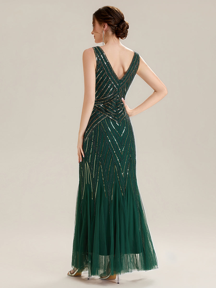 Color=Dark Green | Commercial Wholesale Sleeveless High Stretch Fishtail Beaded V-Neck Evening Dresses-Dark Green 2