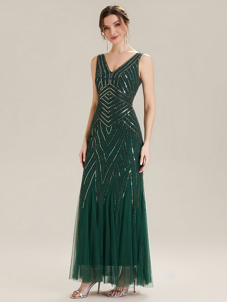 Color=Dark Green | Commercial Wholesale Sleeveless High Stretch Fishtail Beaded V-Neck Evening Dresses-Dark Green 4