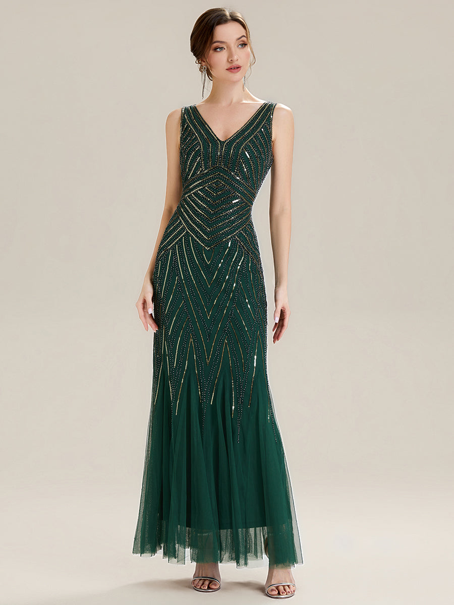Color=Dark Green | Commercial Wholesale Sleeveless High Stretch Fishtail Beaded V-Neck Evening Dresses-Dark Green 5