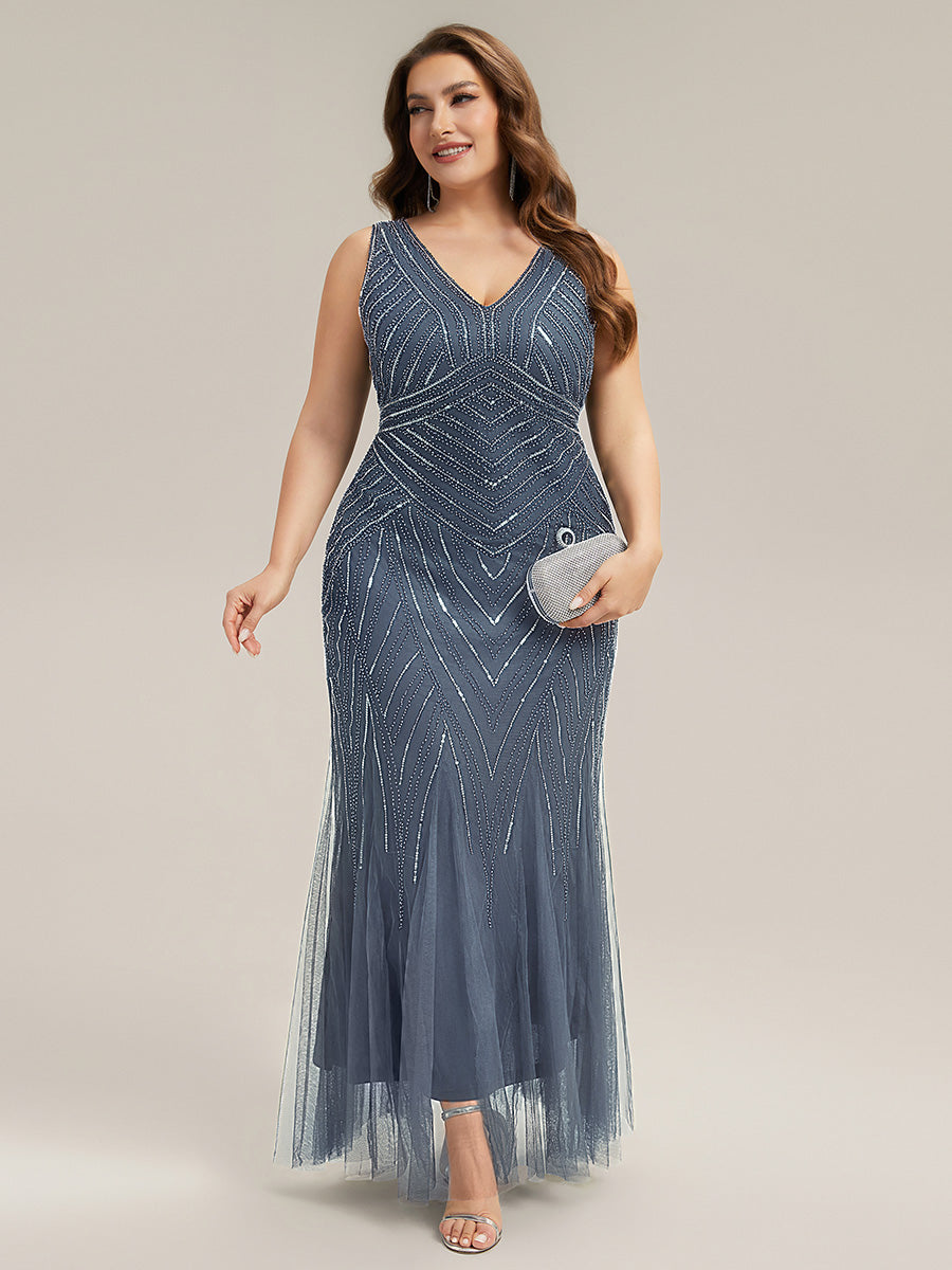Color=Dusty Blue | Commercial Wholesale Sleeveless High Stretch Fishtail Beaded V-Neck Evening Dresses-Dusty Blue 16