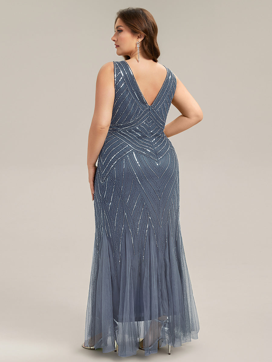 Color=Dusty Blue | Commercial Wholesale Sleeveless High Stretch Fishtail Beaded V-Neck Evening Dresses-Dusty Blue 17