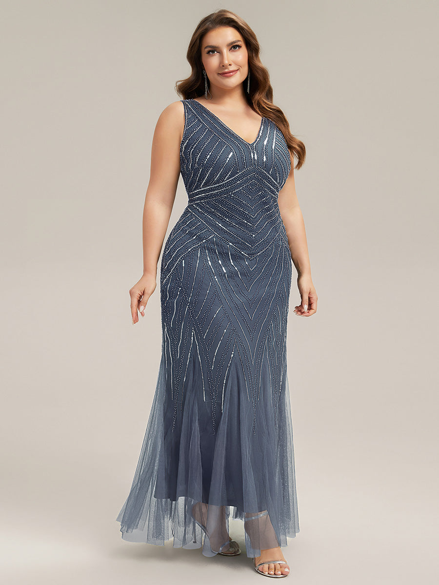 Color=Dusty Blue | Commercial Wholesale Sleeveless High Stretch Fishtail Beaded V-Neck Evening Dresses-Dusty Blue 20