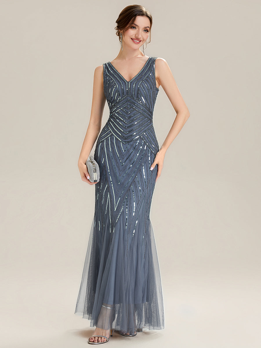 Color=Dusty Blue | Commercial Wholesale Sleeveless High Stretch Fishtail Beaded V-Neck Evening Dresses-Dusty Blue 11