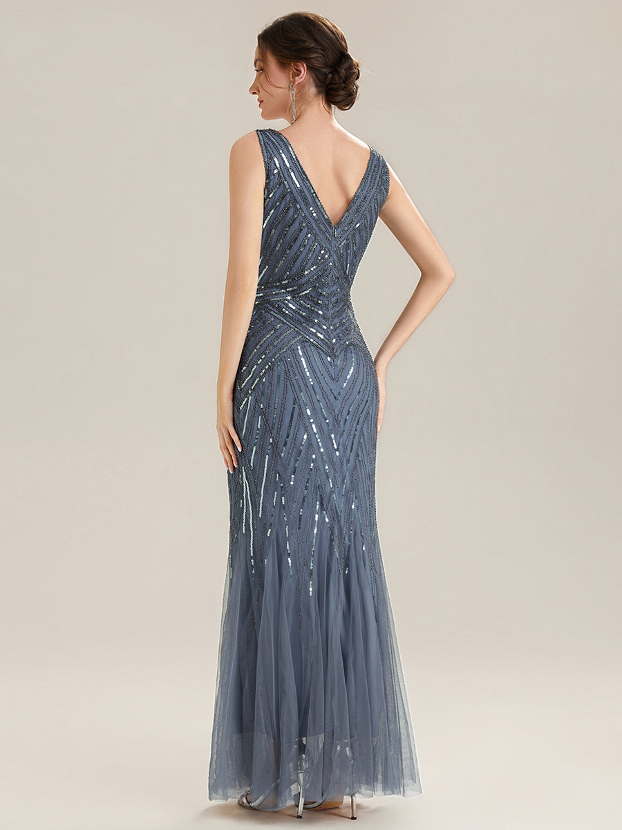 Color=Dusty Blue | Commercial Wholesale Sleeveless High Stretch Fishtail Beaded V-Neck Evening Dresses-Dusty Blue 12