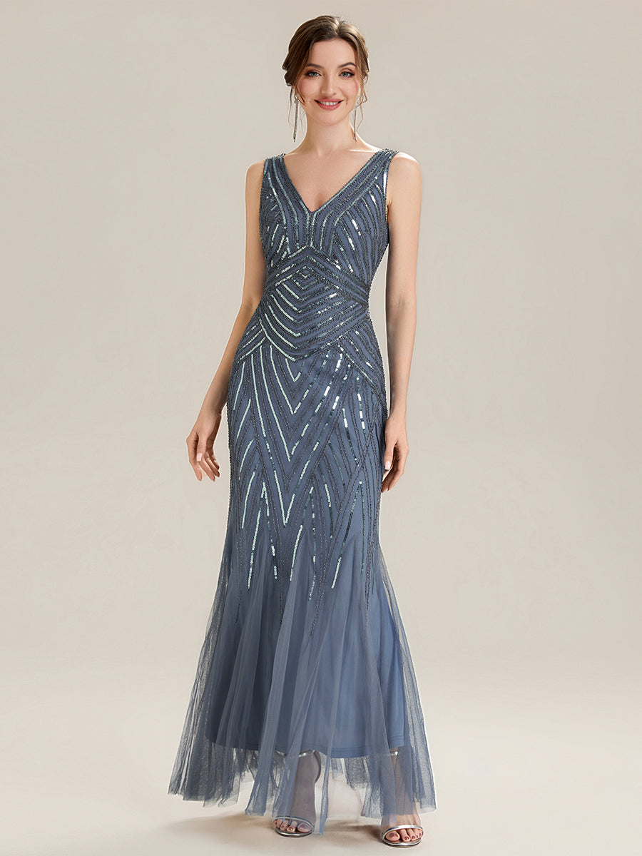 Color=Dusty Blue | Commercial Wholesale Sleeveless High Stretch Fishtail Beaded V-Neck Evening Dresses-Dusty Blue 15