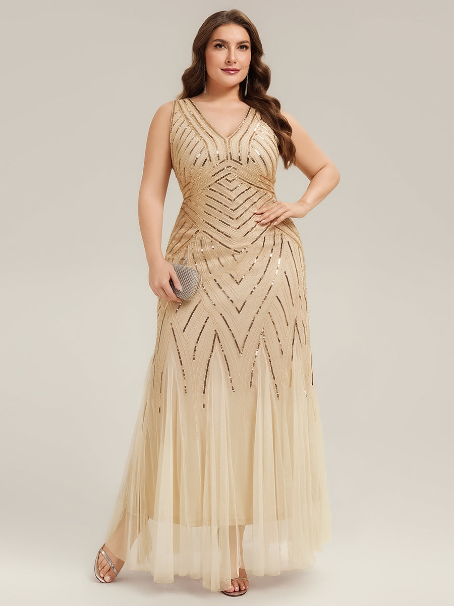 Color=Gold | Commercial Wholesale Sleeveless High Stretch Fishtail Beaded V-Neck Evening Dresses-Gold 26