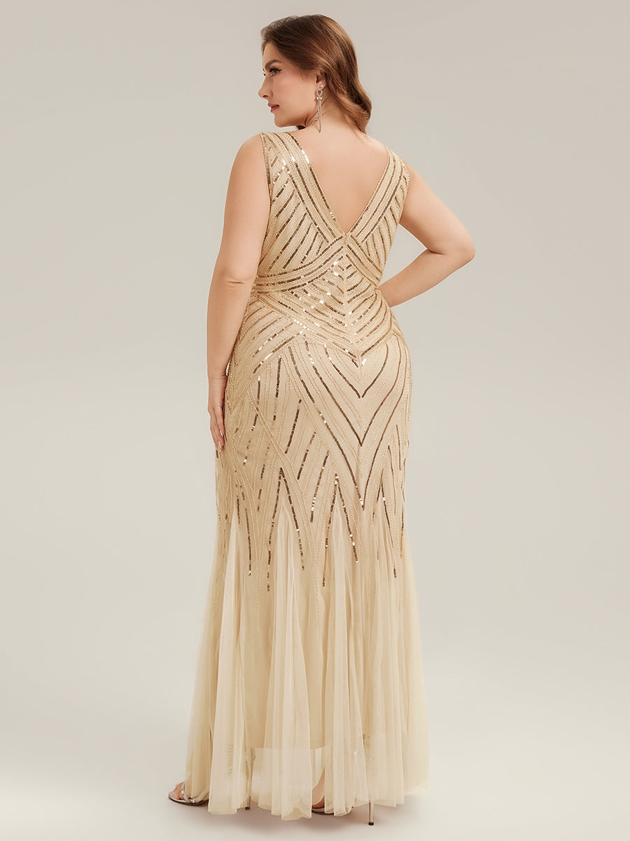 Color=Gold | Commercial Wholesale Sleeveless High Stretch Fishtail Beaded V-Neck Evening Dresses-Gold 27