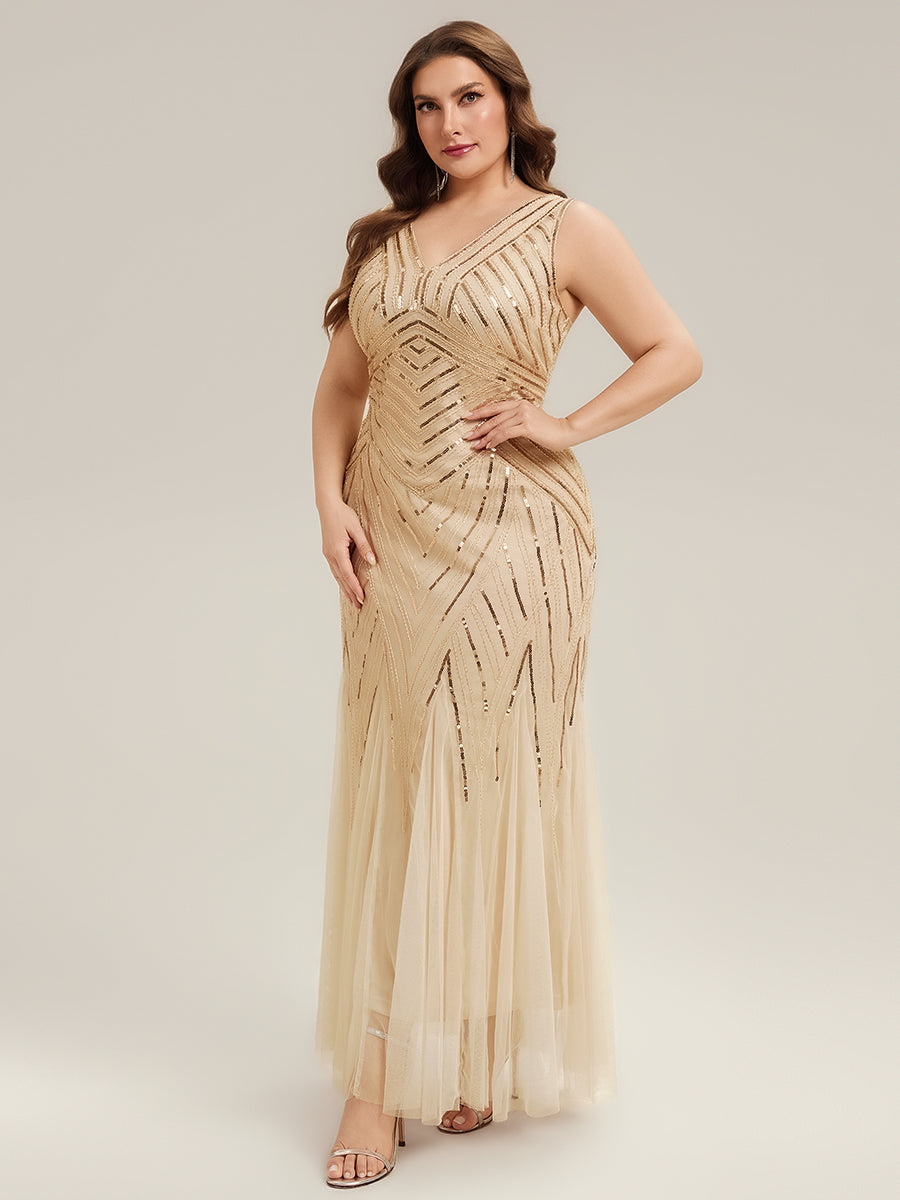 Color=Gold | Commercial Wholesale Sleeveless High Stretch Fishtail Beaded V-Neck Evening Dresses-Gold 29