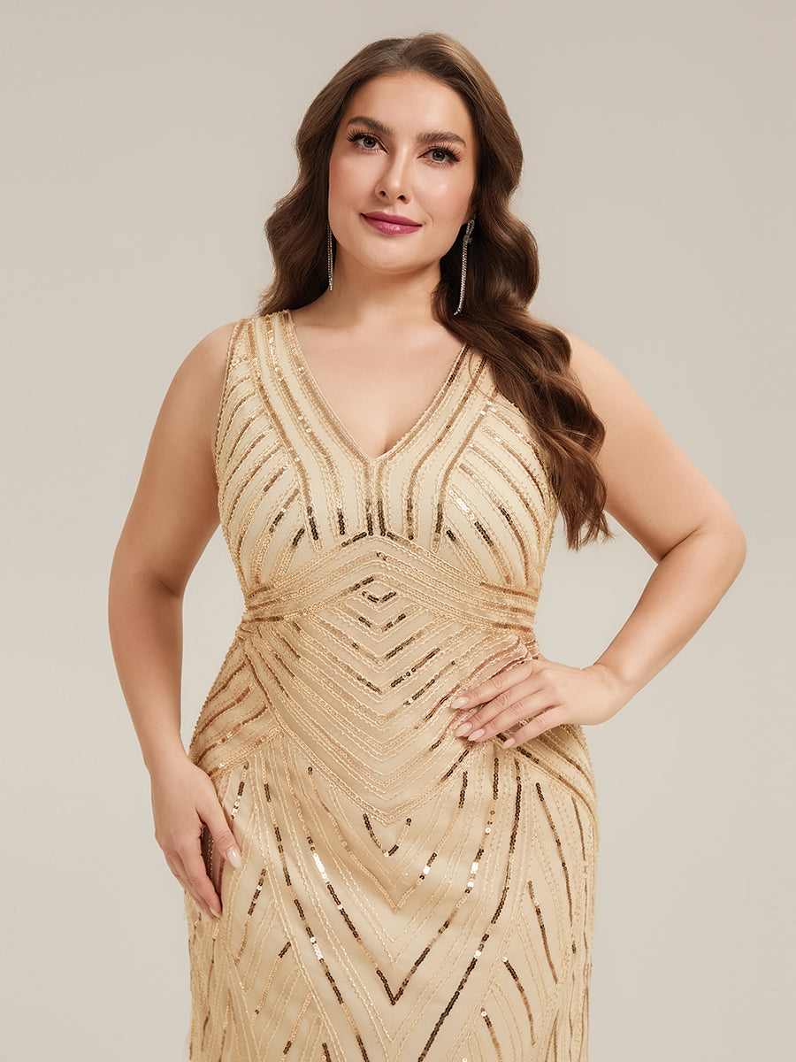 Color=Gold | Commercial Wholesale Sleeveless High Stretch Fishtail Beaded V-Neck Evening Dresses-Gold 28