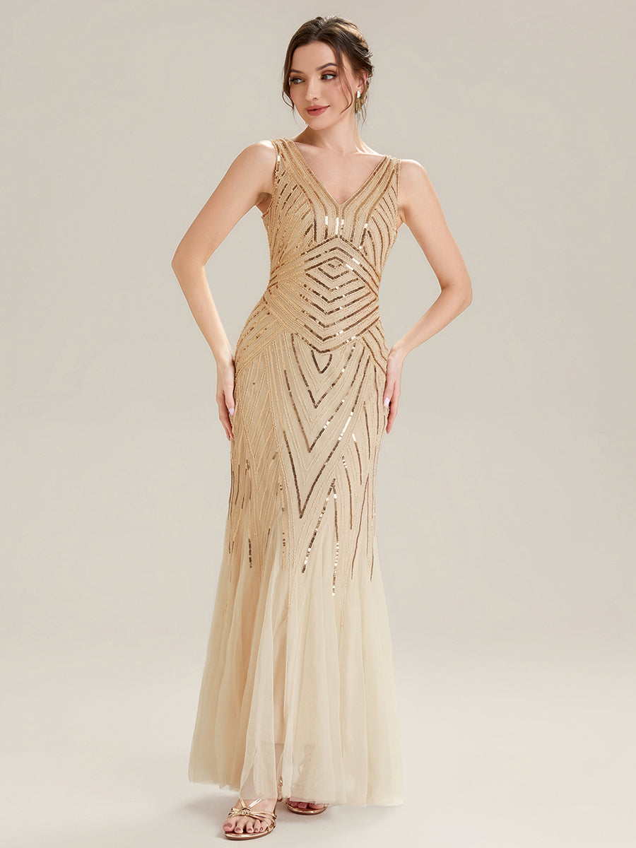 Color=Gold | Commercial Wholesale Sleeveless High Stretch Fishtail Beaded V-Neck Evening Dresses-Gold 21