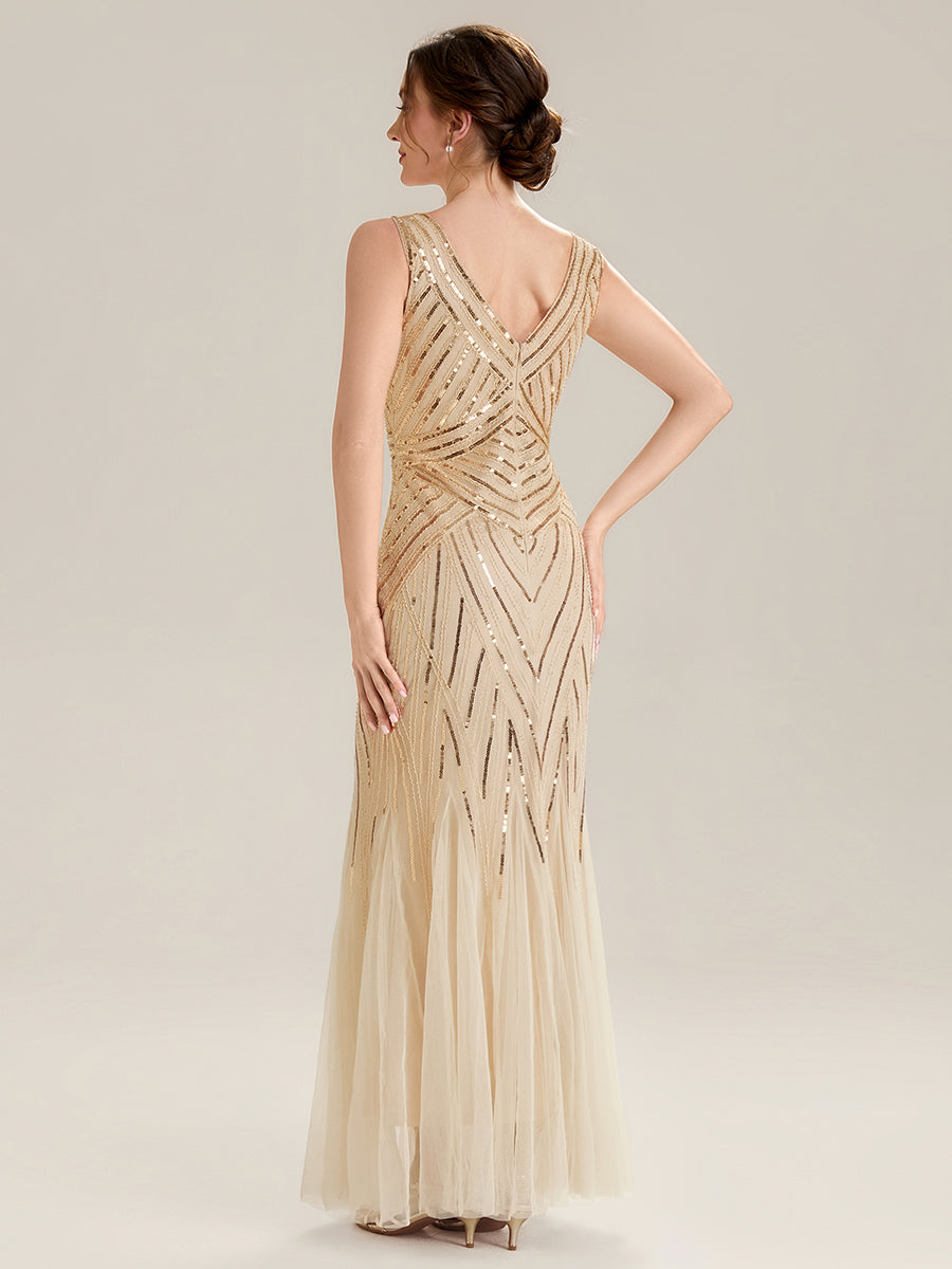 Color=Gold | Commercial Wholesale Sleeveless High Stretch Fishtail Beaded V-Neck Evening Dresses-Gold 22