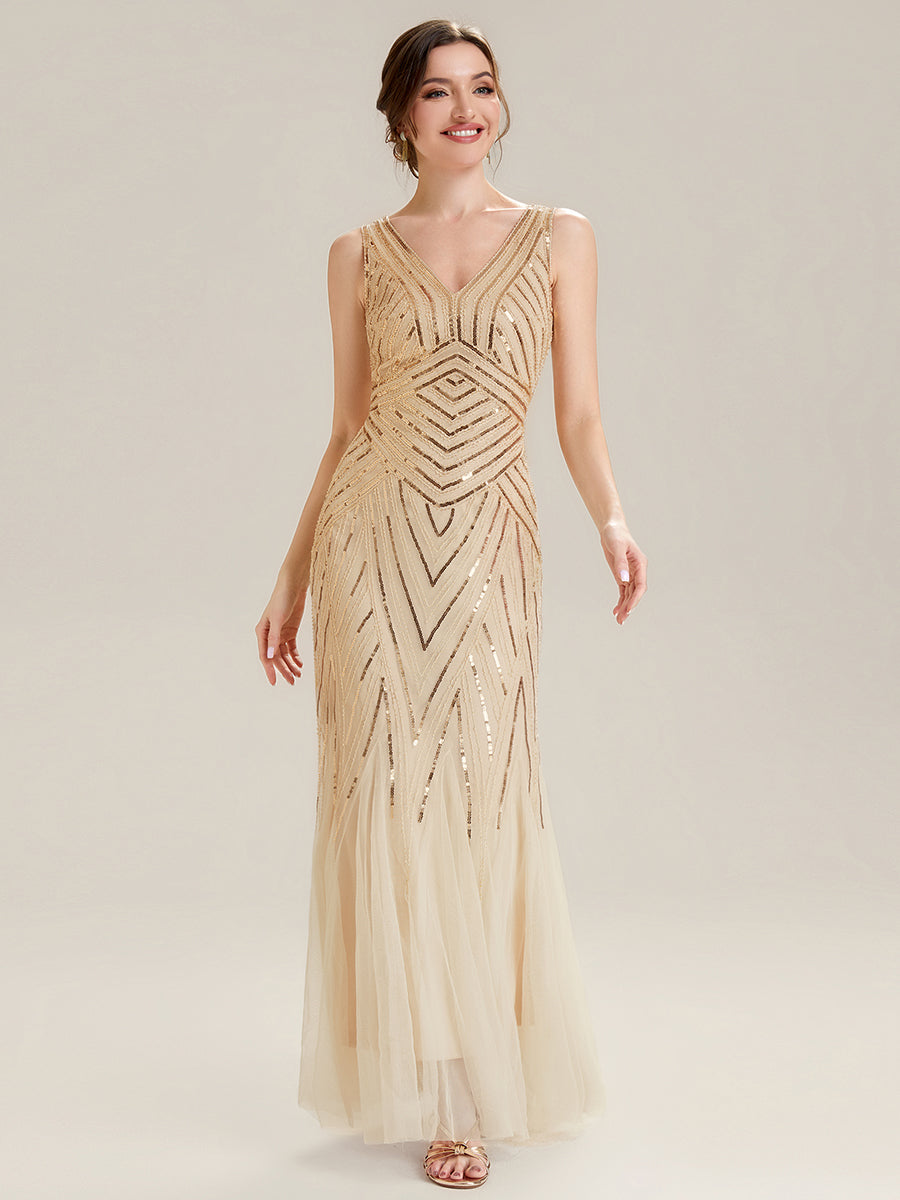 Color=Gold | Commercial Wholesale Sleeveless High Stretch Fishtail Beaded V-Neck Evening Dresses-Gold 24