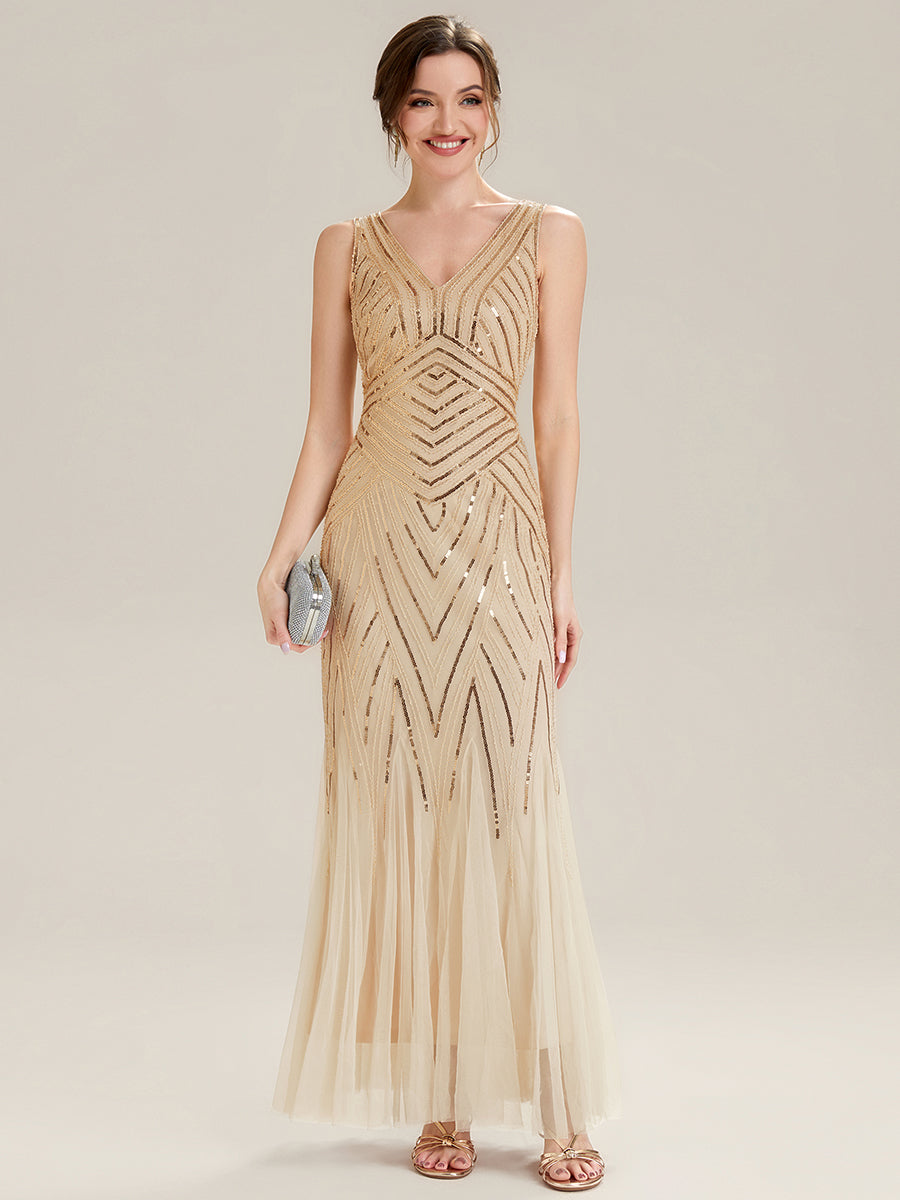 Color=Gold | Commercial Wholesale Sleeveless High Stretch Fishtail Beaded V-Neck Evening Dresses-Gold 25
