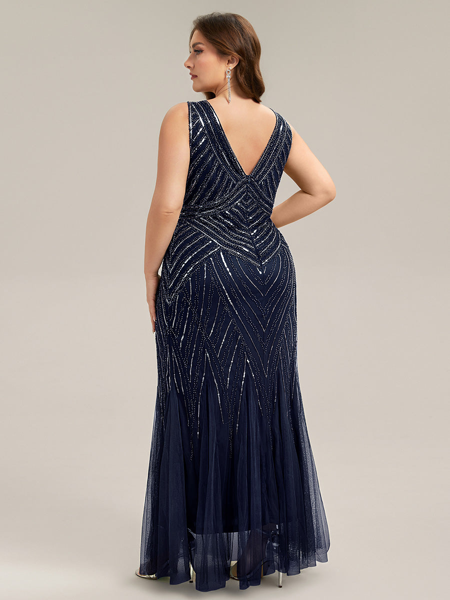Color=Navy Blue | Commercial Wholesale Sleeveless High Stretch Fishtail Beaded V-Neck Evening Dresses-Navy Blue 37