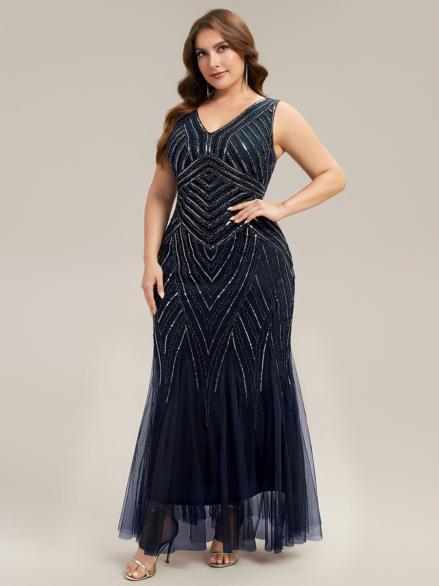 Color=Navy Blue | Commercial Wholesale Sleeveless High Stretch Fishtail Beaded V-Neck Evening Dresses-Navy Blue 39