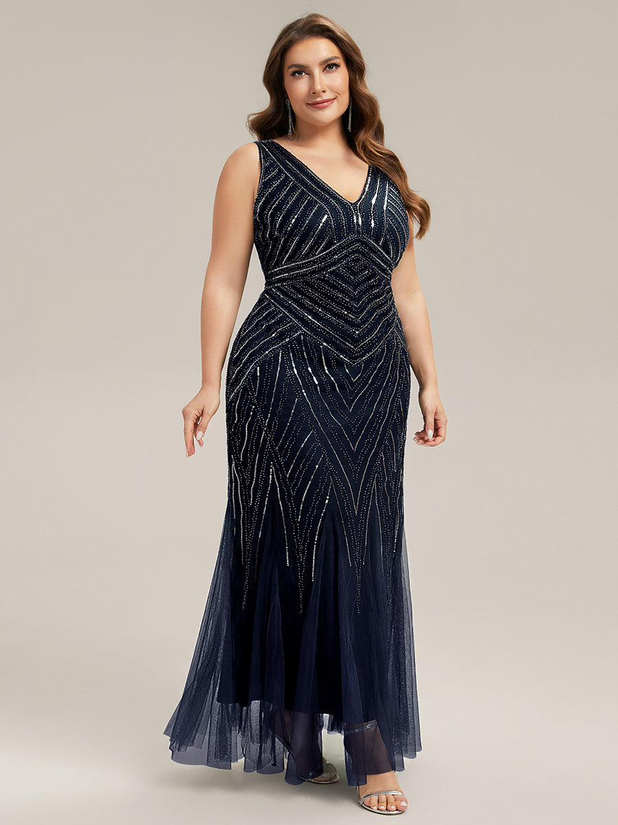 Color=Navy Blue | Commercial Wholesale Sleeveless High Stretch Fishtail Beaded V-Neck Evening Dresses-Navy Blue 40