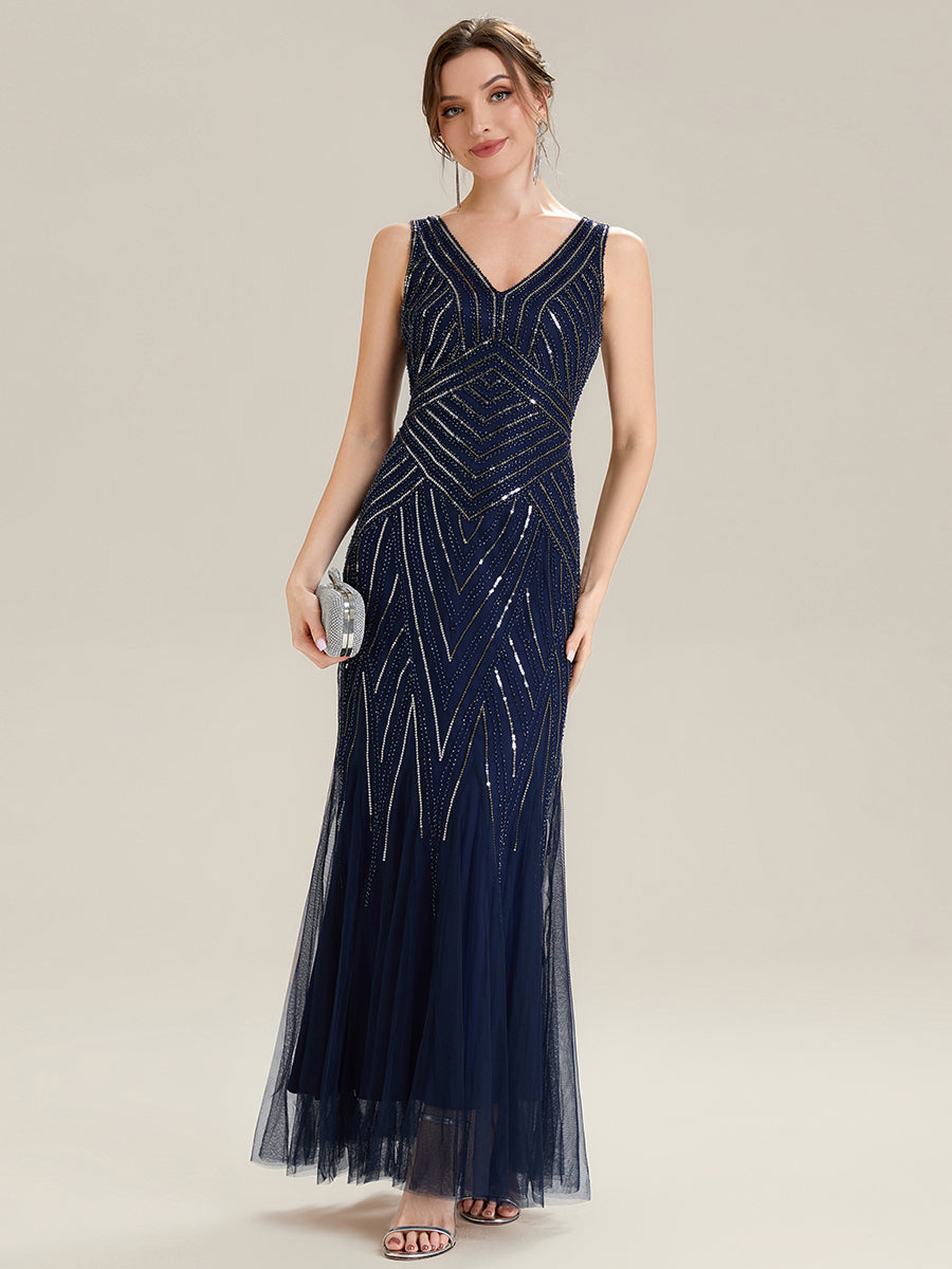 Color=Navy Blue | Commercial Wholesale Sleeveless High Stretch Fishtail Beaded V-Neck Evening Dresses-Navy Blue 31
