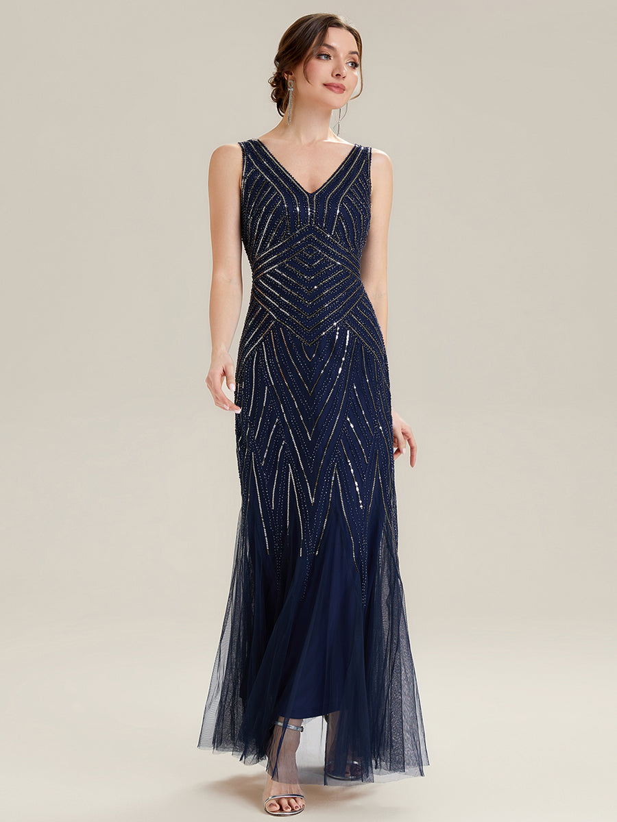 Color=Navy Blue | Commercial Wholesale Sleeveless High Stretch Fishtail Beaded V-Neck Evening Dresses-Navy Blue 35