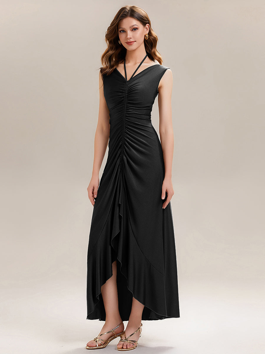 Color=Black | Industrial Use Sleeveless V-Neck High Stretch Bodycon Maxi Dress with Ruffles Evening Dresses-Black 1