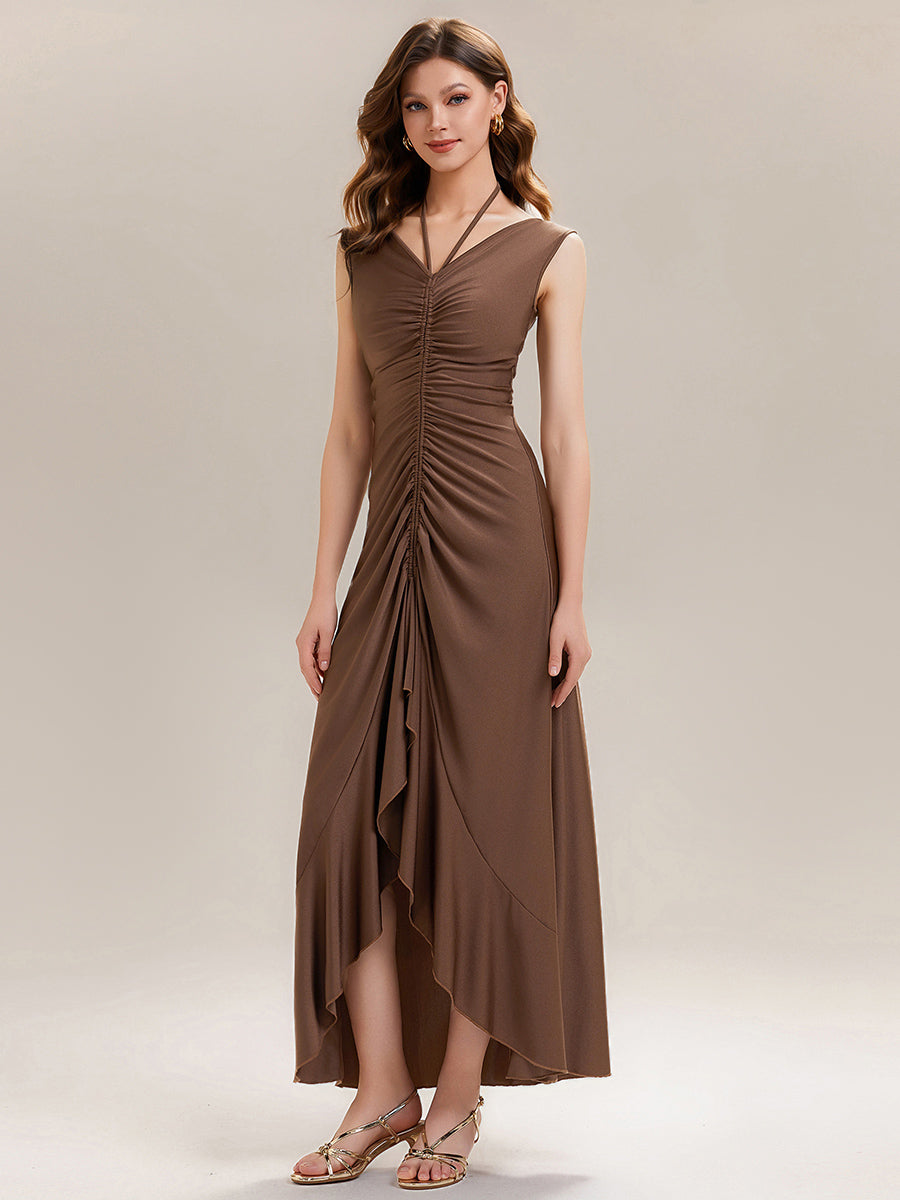 Color=Brown | Industrial Use Sleeveless V-Neck High Stretch Bodycon Maxi Dress with Ruffles Evening Dresses-Brown 6