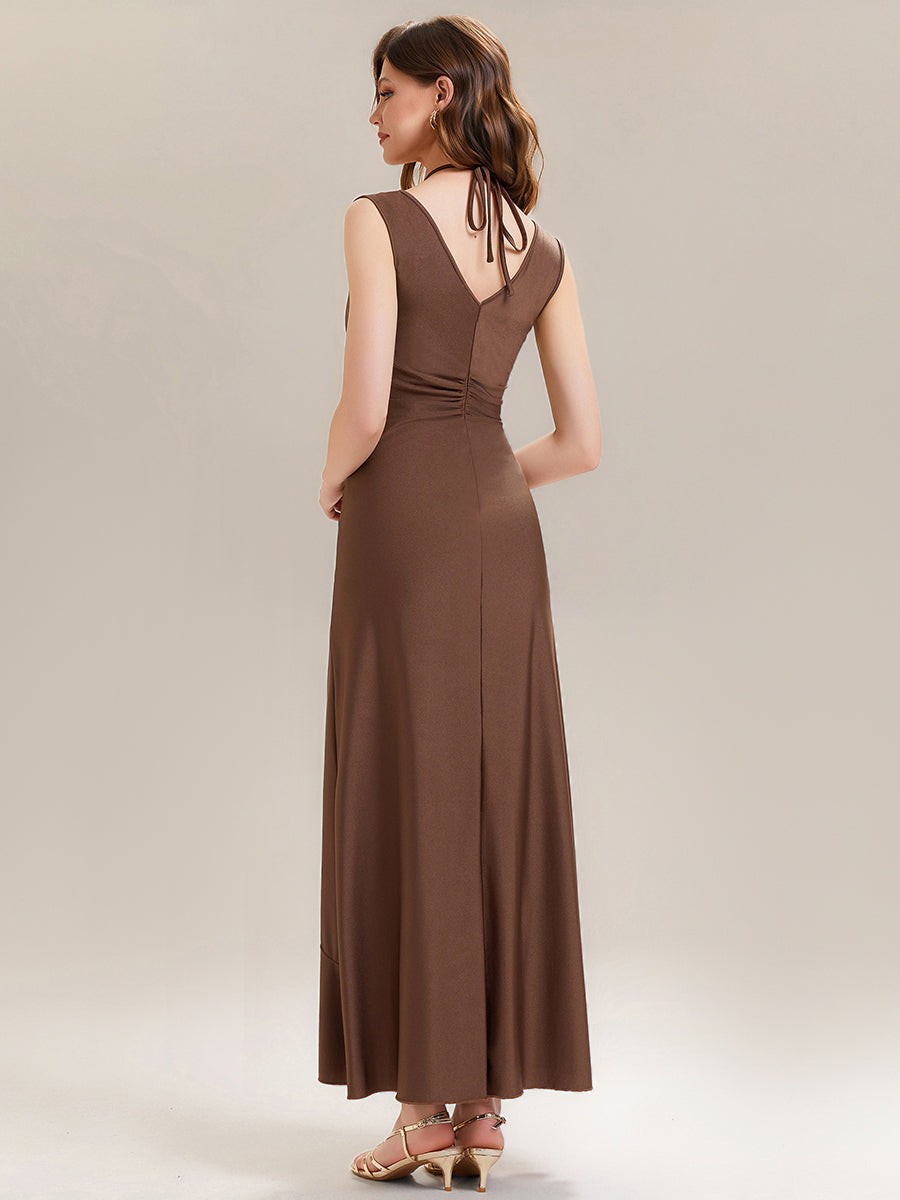 Color=Brown | Industrial Use Sleeveless V-Neck High Stretch Bodycon Maxi Dress with Ruffles Evening Dresses-Brown 7