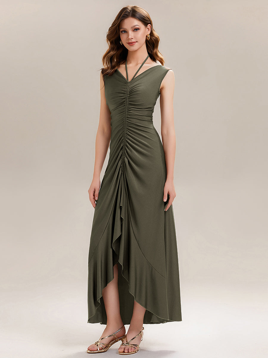 Color=Olive Green | Industrial Use Sleeveless V-Neck High Stretch Bodycon Maxi Dress with Ruffles Evening Dresses-Olive Green 11