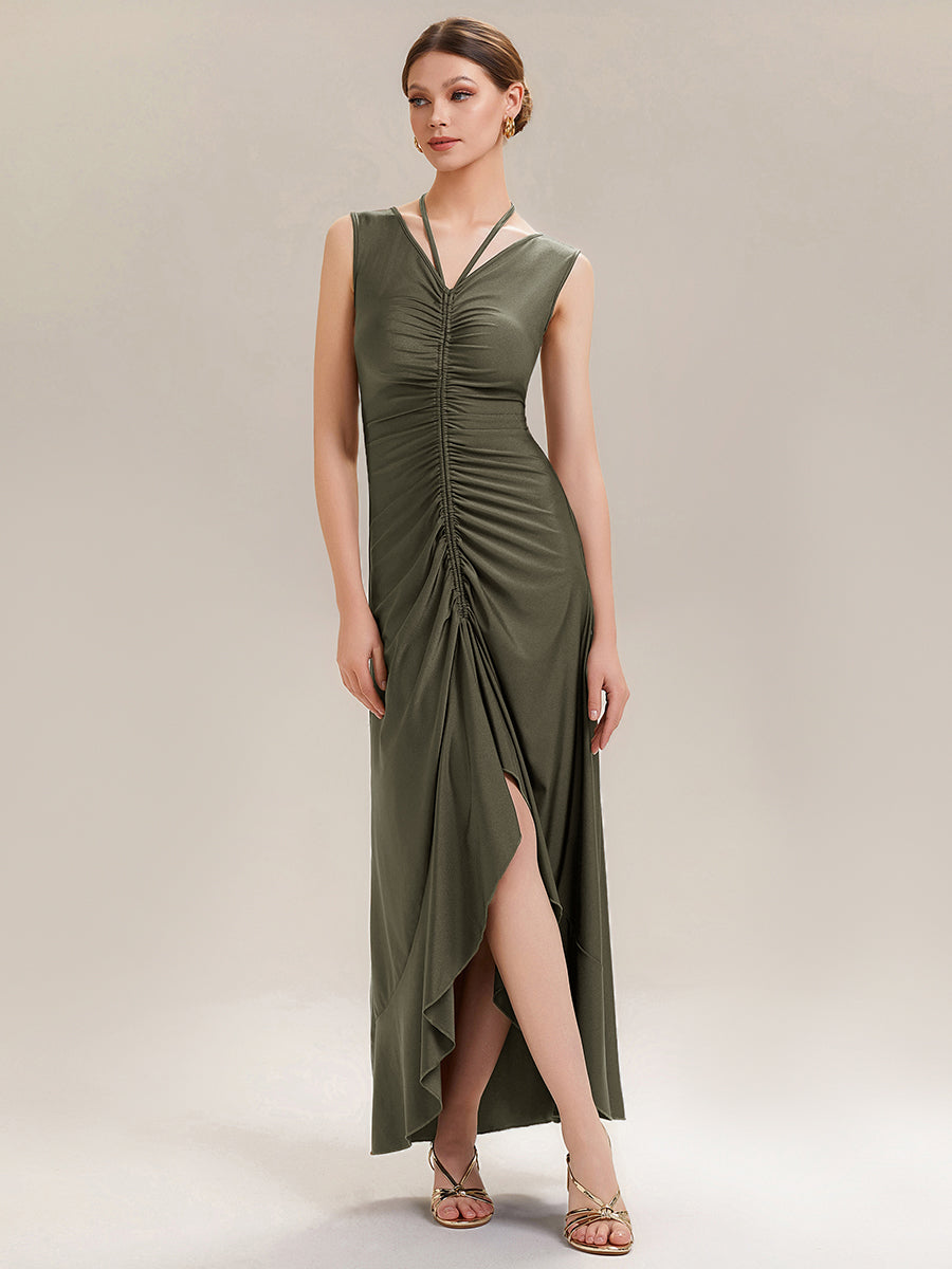 Color=Olive Green | Industrial Use Sleeveless V-Neck High Stretch Bodycon Maxi Dress with Ruffles Evening Dresses-Olive Green 15